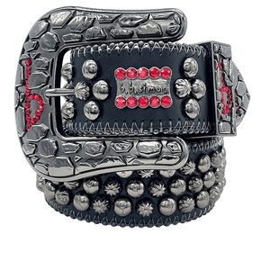 B.B. Simon Black Leather Belt with Red Crystal Accents
